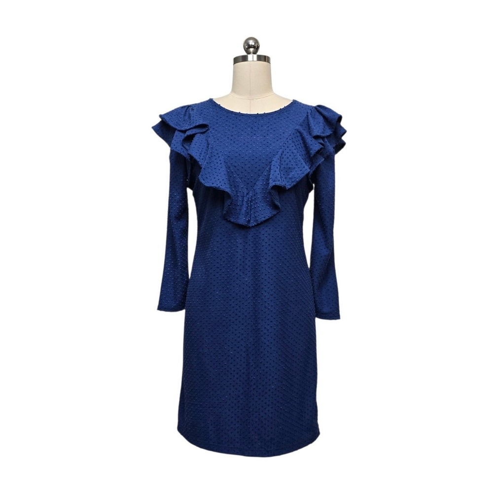 Lilly Pulitzer Navy Blue Clip Dot Ruffle Neck Long Sleeve Shift Dress Size Small